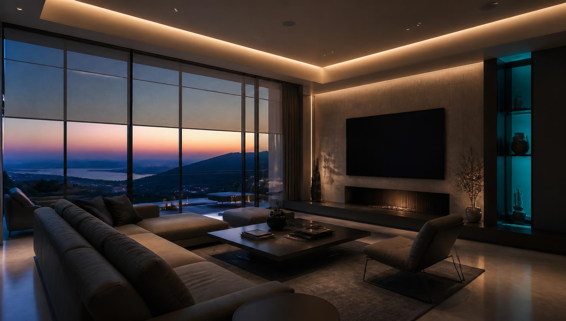 Luxury living room at dusk with integrated audio visual technology